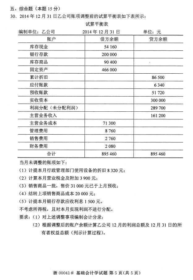 全国2015年4月00041基础会计学自考试题