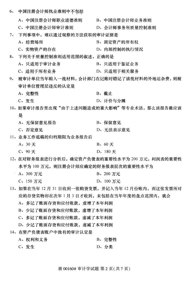 全国2017年4月00160审计学自考试题1